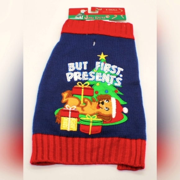 Extra Small Knit & Sequined 'But Presents First' Blue & Red Dod Sweater, New - Picture 1 of 7